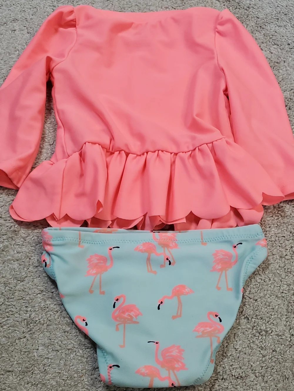 Infant Girls Coral Flamingo Ruffle & Purple Mermaid 2-Piece Swimsuits. 3-6 & 6-9